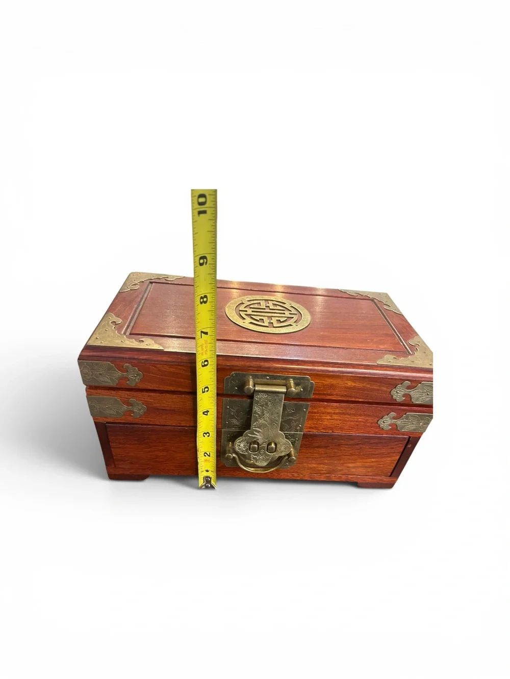 Vintage Chinese Rosewood Decorative Wooden Jewelry Box  Brass Hardware  Hongmu